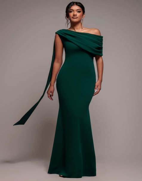 Goddiva Sash one shoulder bardot maxi dress in emeraldgreen - view 1