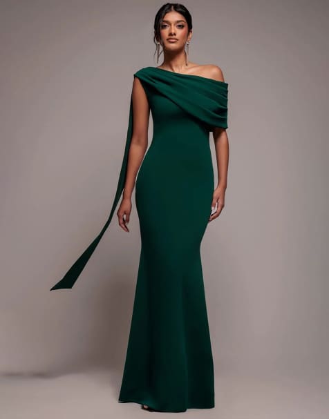 Goddiva Sash one shoulder bardot maxi dress in emeraldgreen