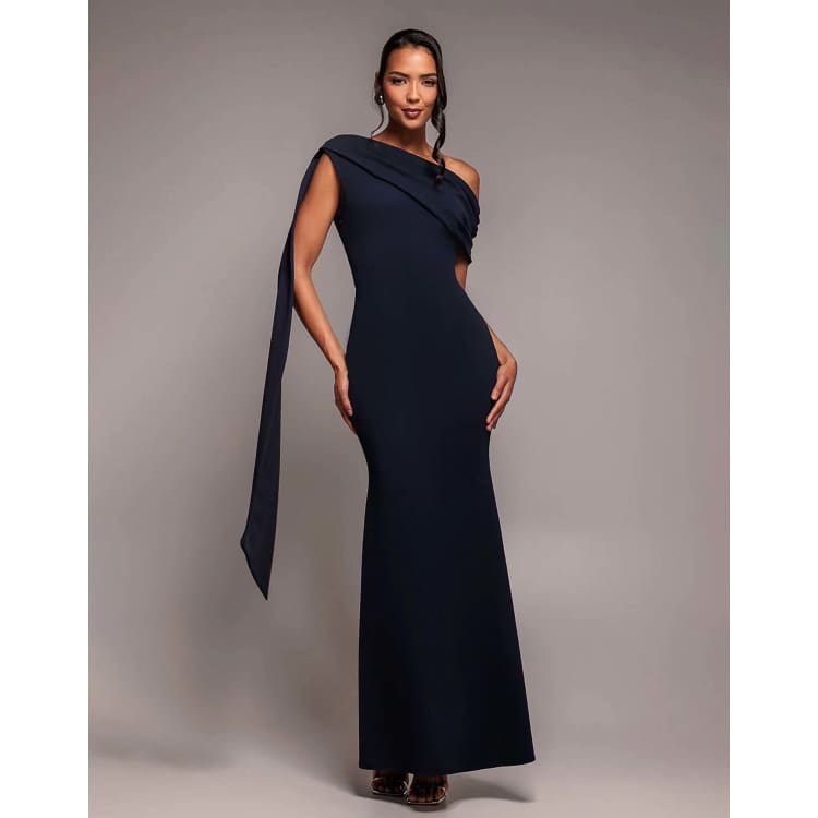 one shoulder evening maxi dress - navy by goddiva reviews Off Shoulder Back Satin Bow Scuba Maxi Dress - Navy Blue main image 1