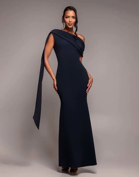 Goddiva Sash one shoulder bardot maxi dress in navy