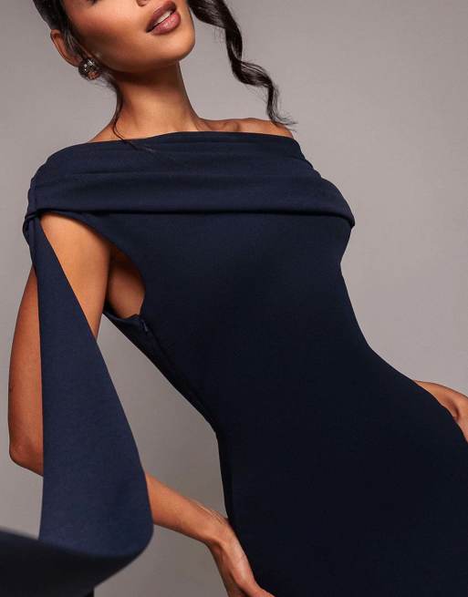 Goddiva Sash one shoulder bardot maxi dress in navy, 2 of 4
