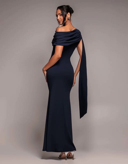 Goddiva Sash one shoulder bardot maxi dress in navy, 4 of 4