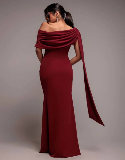 Goddiva Sash one shoulder bardot maxi dress in wine, 2 of 4