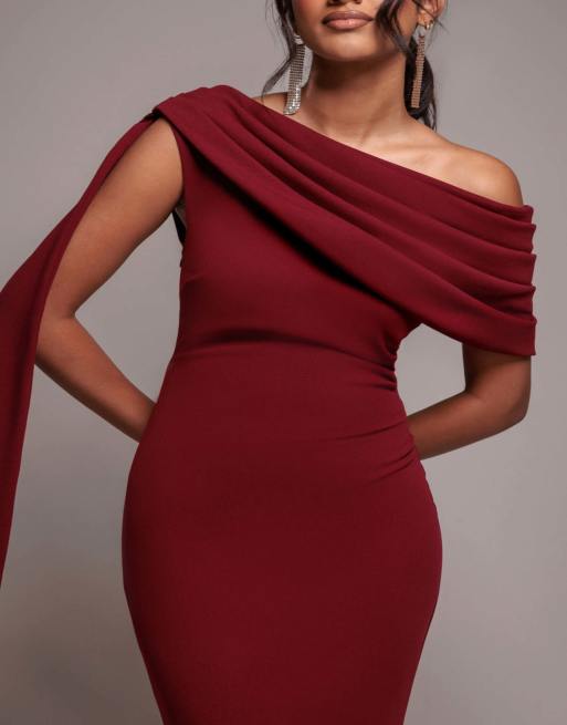 Goddiva Sash one shoulder bardot maxi dress in wine, 3 of 4