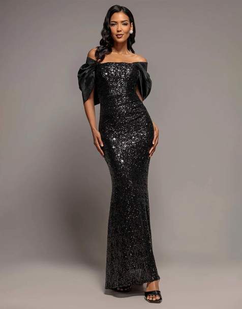 Goddiva Satin bow back off the shoulder sequin maxi dress in black
