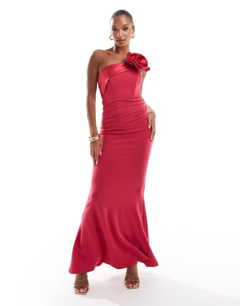 Goddiva Satin corsage crepe maxi dress in magenta in scuba style fabric - view 1
