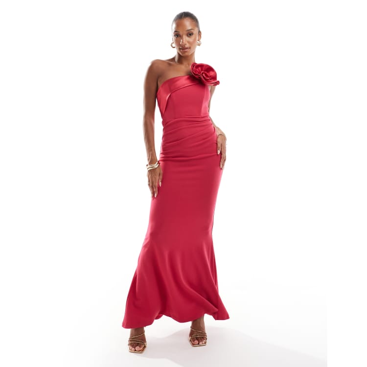 RcjShops Goddiva Satin corsage scuba crepe maxi dress in magenta Chi Chi London Girls Ariyah Dress