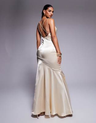 Goddiva Satin Cowl Neck With Strappy Back Maxi In Gold