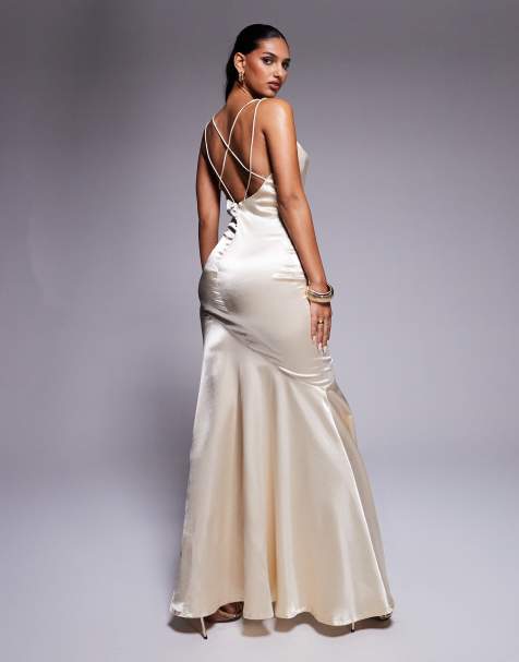 Goddiva Satin cowl neck with strappy back maxi in champagne