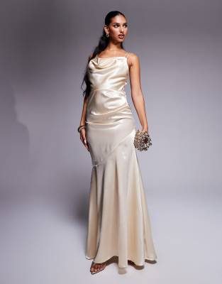 champagne strappy satin cowl midi dress PRETTYLITTLETHING