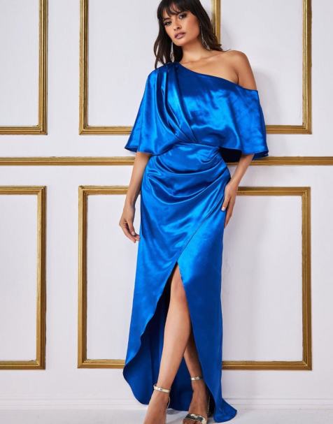 Goddiva Satin drape shoulder wrap maxi dress in royalblue - view 1
