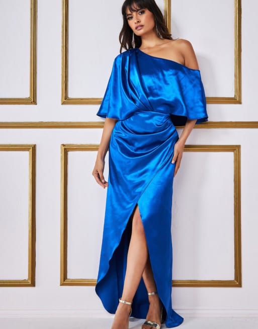 Goddiva Satin drape shoulder wrap maxi dress in royalblue