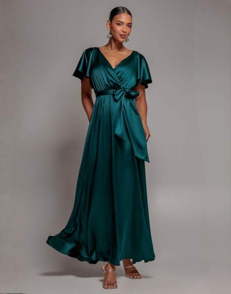 Goddiva Satin flutter sleeve wrap maxi dress in green - view 1