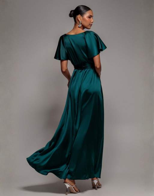 Goddiva Satin flutter sleeve wrap maxi dress in green, 2 of 4