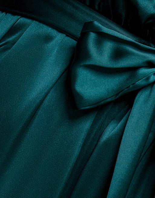 Goddiva Satin flutter sleeve wrap maxi dress in green, 4 of 4