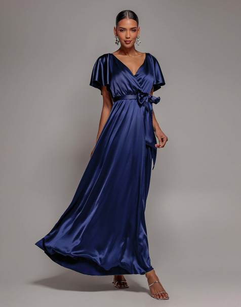 Goddiva Satin flutter sleeve wrap maxi dress in navy