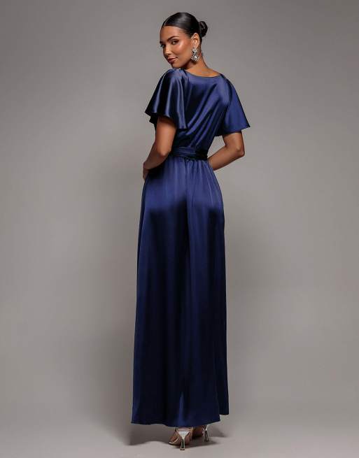 Goddiva Satin flutter sleeve wrap maxi dress in navy, 2 of 4