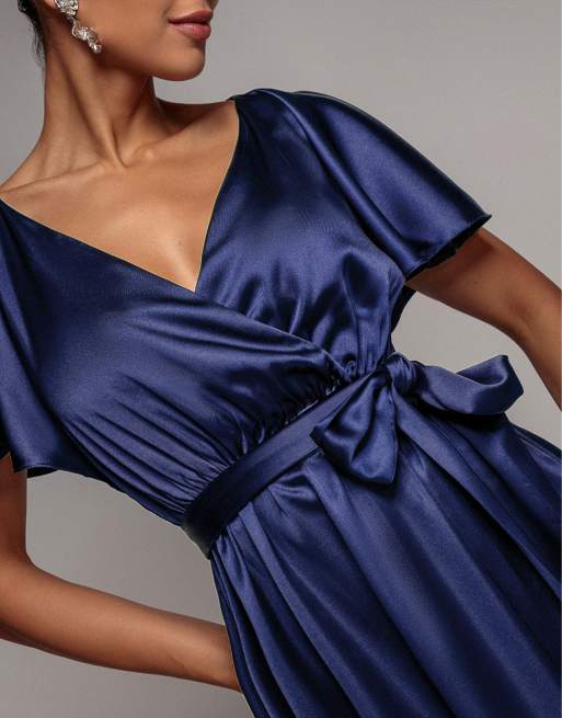 Goddiva Satin flutter sleeve wrap maxi dress in navy, 3 of 4