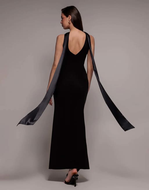 Goddiva Satin multi tie halterneck maxi dress in black, 2 of 4