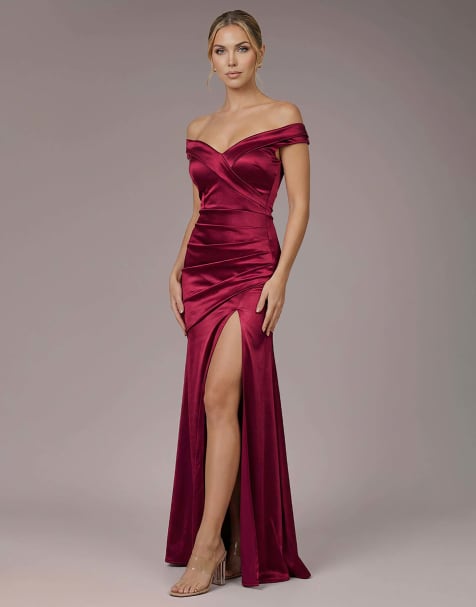 Goddiva Satin off shoulder pleated maxi dress in berry