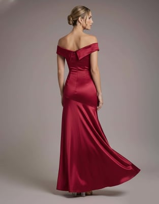 Goddiva Satin off shoulder pleated maxi dress in berry | ASOS