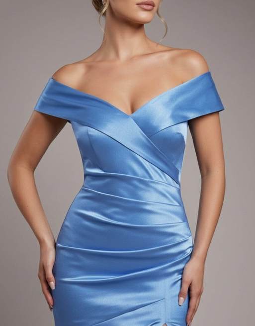 Goddiva Satin off shoulder pleated maxi dress in dustyblue | ASOS