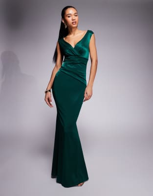 Goddiva Satin off the shoulder maxi dress in emeraldgreen - view 1