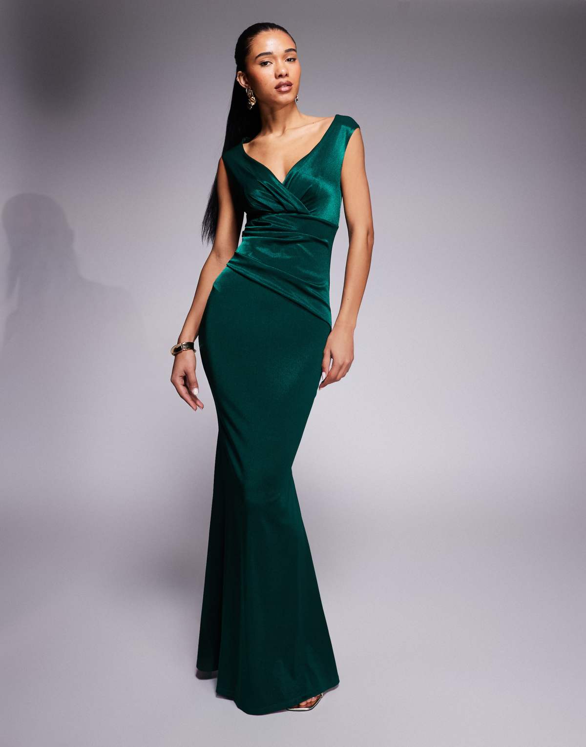 Goddiva Satin off the shoulder maxi dress in emeraldgreen