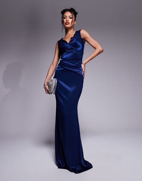 Goddiva Satin off the shoulder maxi dress in navy