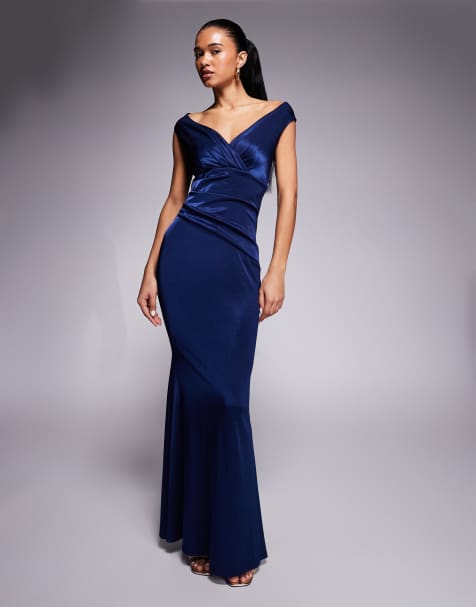 Goddiva Satin off the shoulder maxi dress in navyblue - view 1