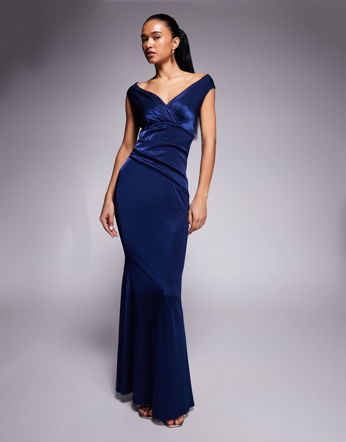 Goddiva Satin off the shoulder maxi dress in navyblue