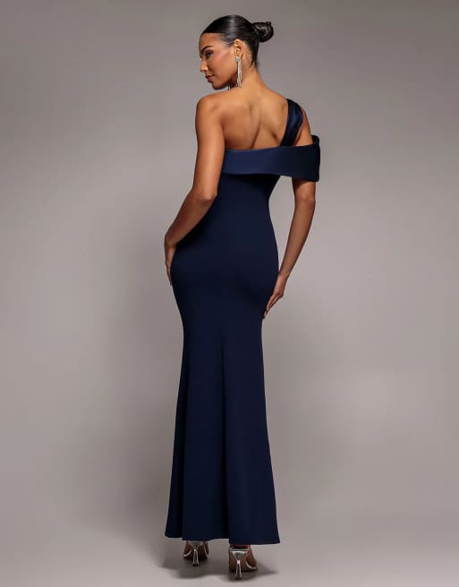 Goddiva Satin twist one shoulder maxi dress in navy, 3 of 4
