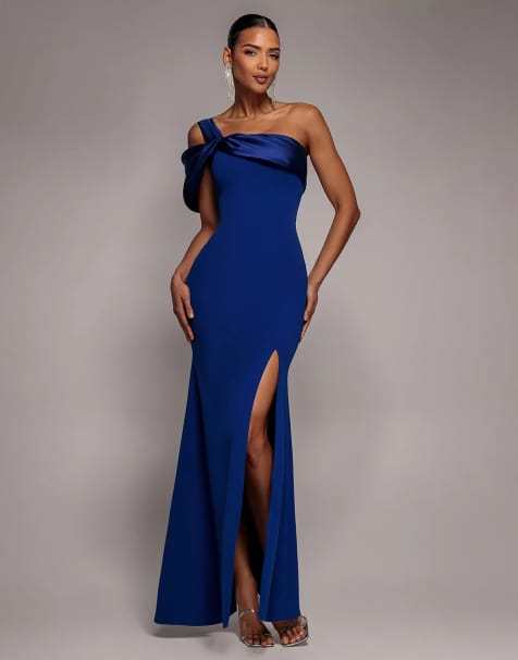 Goddiva Satin twist one shoulder maxi dress in royalblue - view 1