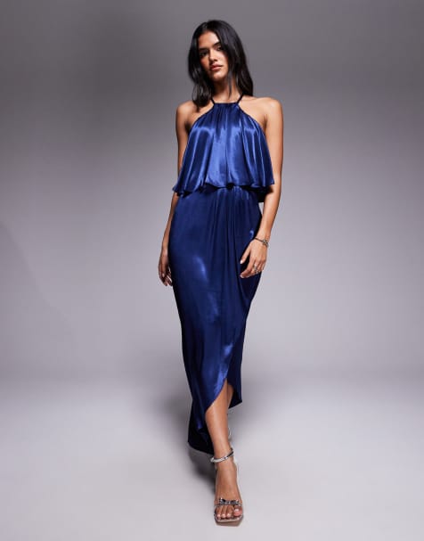 Goddiva Satin viscose front wrap midaxi dress in navy - view 1