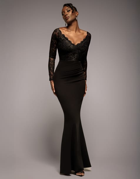 Goddiva Scalloped lace bodice long sleeve bardot maxi dress in black