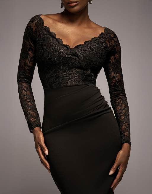 Goddiva Scalloped lace bodice long sleeve bardot maxi dress in black, 3 of 4