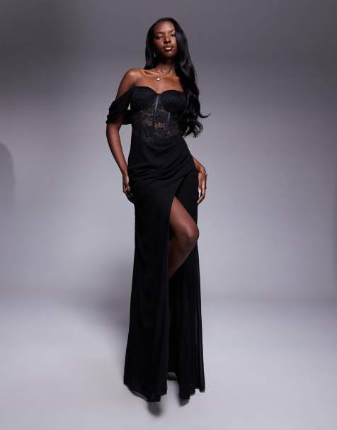Goddiva Scalloped lace & chiffon winged corset bodice maxi dress in black - view 1