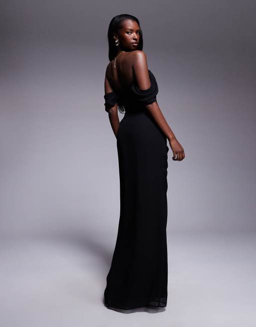 Goddiva Scalloped lace & chiffon winged corset bodice maxi dress in black |  ASOS