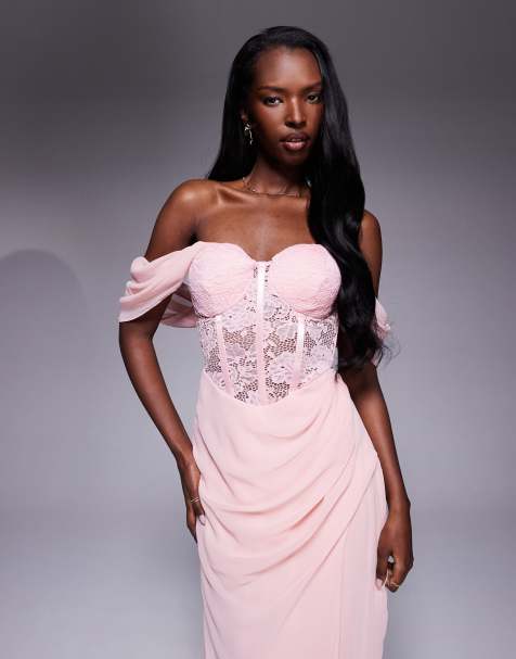 Goddiva Scalloped lace & chiffon winged corset bodice maxi dress in blushpink - view 1
