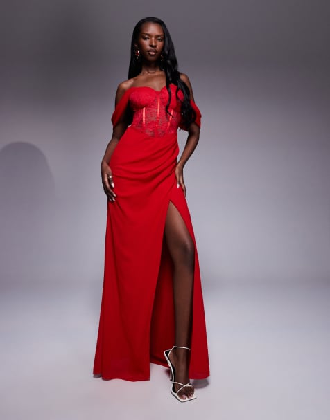 Goddiva Scalloped lace & chiffon winged corset bodice maxi dress in red - view 1