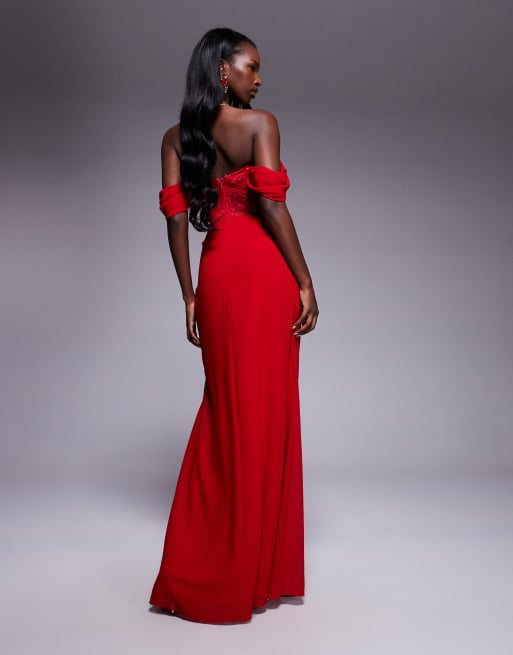Goddiva Scalloped lace & chiffon winged corset bodice maxi dress in red, 2 of 4