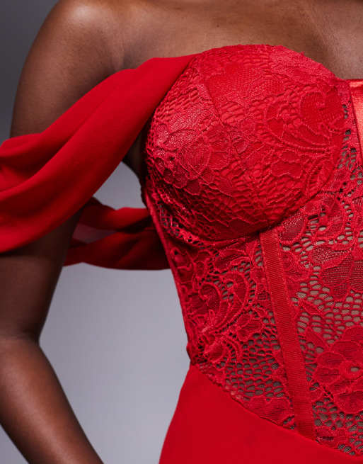 Goddiva Scalloped lace & chiffon winged corset bodice maxi dress in red, 3 of 4