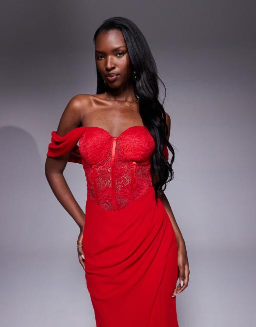 Goddiva Scalloped lace & chiffon winged corset bodice maxi dress in red, 4 of 4