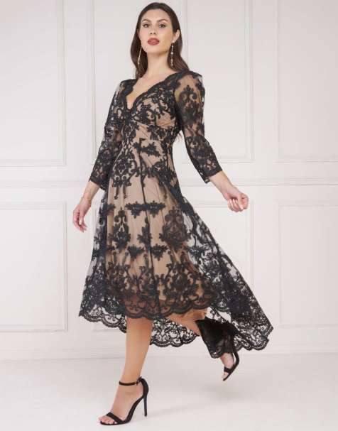 Goddiva Scalloped lace dipped hem midi dress in black - view 1