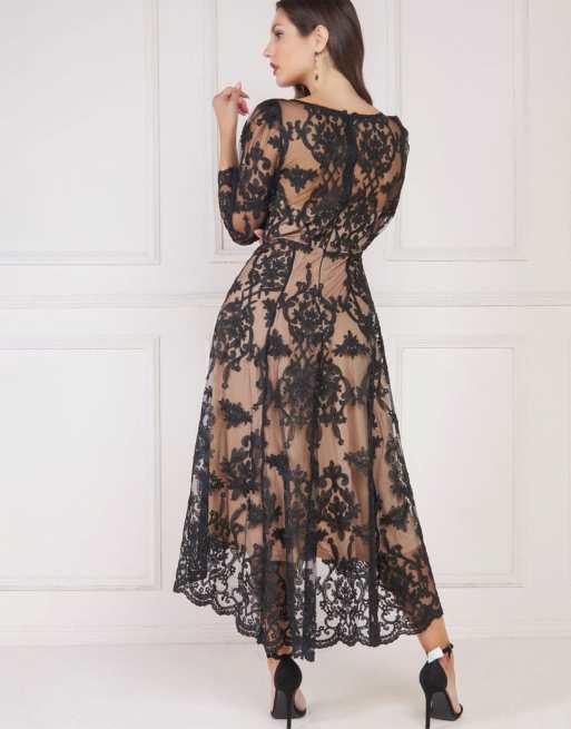 Goddiva Scalloped Neck Embroidered Lace High Low Midi Dress - Navy Blue