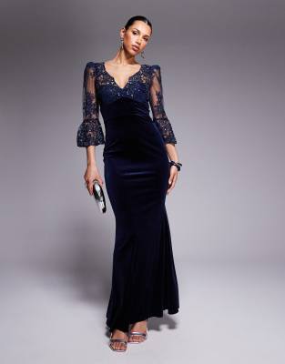 asos Goddiva Scalloped lace & velvet maxi dress in navy
