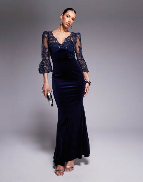 Goddiva Scalloped lace & velvet maxi dress in navy - view 1