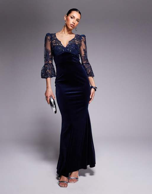 Goddiva Scalloped lace & velvet maxi dress in navy