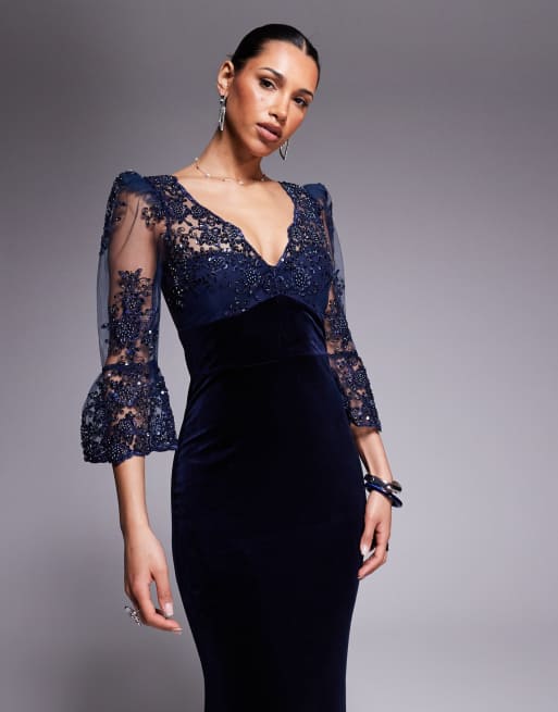 Goddiva Scalloped lace & velvet maxi dress in navy, 4 of 4