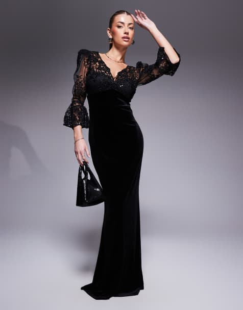 Goddiva Scalloped lace & velvet maxi dress in solid black - view 1